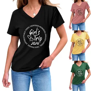 Girls Trip 2026 V Neck T Shirt Women Casual Short Sleeve Cotton Blend Graphic Top With Side Knot Hem Rolled Sleeve
