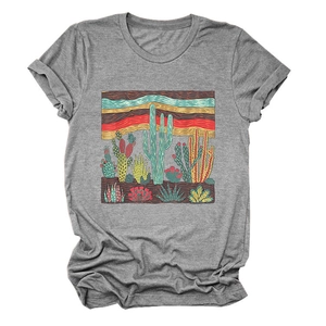 Detail of desert cactus print on a soft grey cotton round neck short sleeve t-shirt