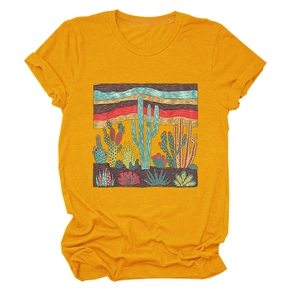 Detail of vintage desert cactus graphic print on ginger yellow cotton crewneck T-shirt