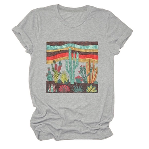 Close-up of desert cactus print on grey cotton t-shirt with vintage retro stripes