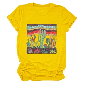 Detail of soft knit fabric on yellow cactus graphic t-shirt with crew neck and print