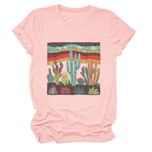 Detail of soft desert cactus print on a pale pink crew neck short sleeve t-shirt