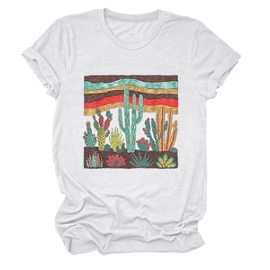 Detail of bohemian desert cactus print on white cotton short sleeve crew neck T-shirt
