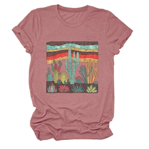 Detail of dusty rose T-shirt showing retro cactus print and rolled sleeve cuffs