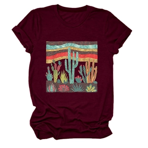 Close-up of stylish desert cactus print on a soft burgundy crew neck short sleeve T-shirt