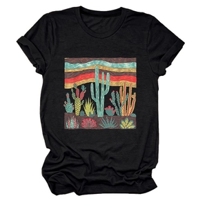 Detailed flat lay of black cotton T-shirt featuring vintage cactus desert print design