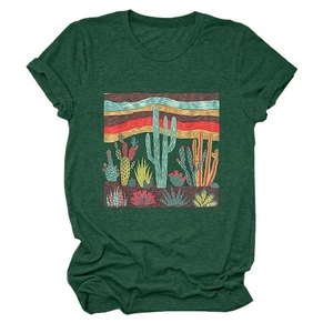 Detail of desert cactus print on a dark green crew neck cotton t-shirt with rolled sleeves