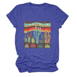 Close-up of heather blue cactus desert graphic print on casual round neck cotton t-shirt