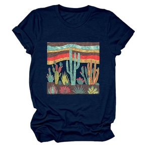 Detail of desert cactus landscape print on a navy blue cotton short sleeve T-shirt