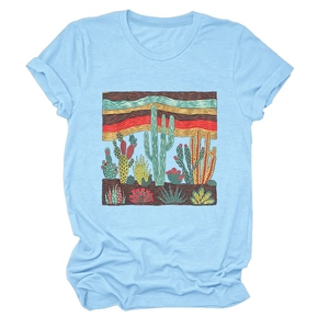 Women's light blue crew neck cotton T-shirt with vintage desert cactus graphic print