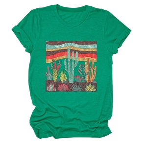 Close-up of green cotton T-shirt featuring a desert cactus graphic with sunset stripes