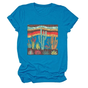 Close-up of vibrant desert cactus graphic print on turquoise short sleeve cotton T-shirt
