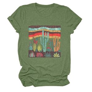 Flat lay of green cactus print t-shirt with retro desert illustration and crew neck
