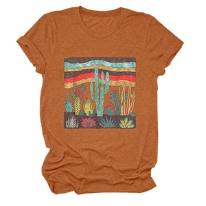 Detail of terracotta desert cactus print on soft cotton blend short sleeve t-shirt