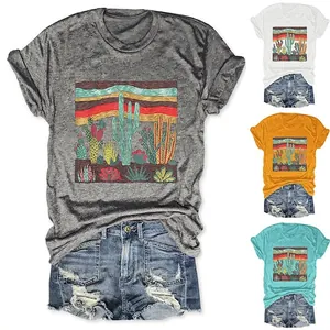 Women T-Shirt Retro Desert Cactus Print Cotton Blend Round Neck Short Sleeve Loose Casual Top