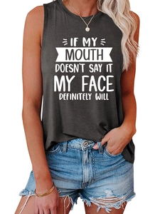 Detail of soft charcoal grey sleeveless tank top with white humor slogan print