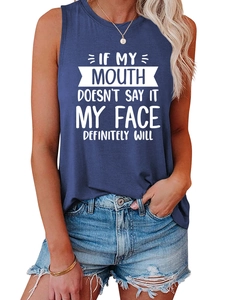 Detail of blue sleeveless slogan tank top with white text and casual round neck design