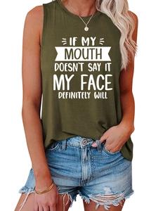 Detail of army green tank top featuring white bold text on a cotton blend fabric