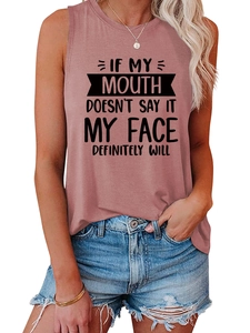 Detail of rose pink sleeveless tank top with black text slogan on a white background