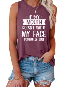 Detail of soft maroon cotton tank top with white slogan print and ribbed crew neckline