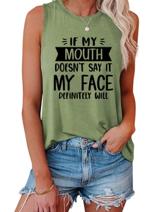 Detail of olive green sleeveless tank top featuring bold black artistic text print