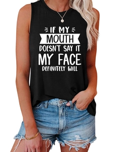 Detail view of cotton sleeveless tank top with bold white slogan lettering and round neck