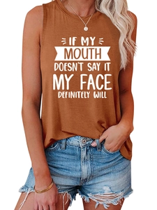 Detail of caramel brown tank top with white slogan print and soft cotton texture