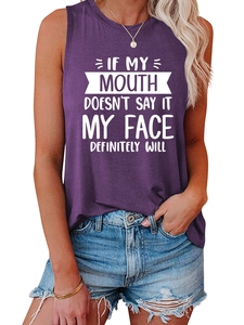 Detail of purple cotton tank top featuring IF MY MOUTH DOESN'T SAY IT white slogan