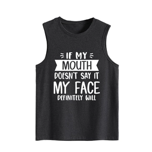 Detail of soft charcoal grey fabric and printed typography slogan on sleeveless tank top