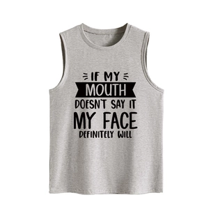 Light gray sleeveless tank top featuring humorous slogan print for casual comfort wear