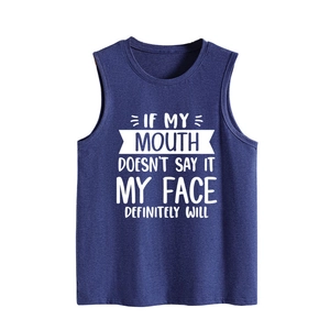 Detail of navy sleeveless tank top featuring humorous white typography slogan print