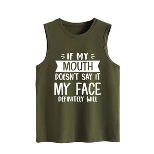 Close-up of army green sleeveless tank top with white slogan print on premium cotton