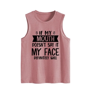 Close-up of rose pink sleeveless vest with funny slogan and soft knit texture