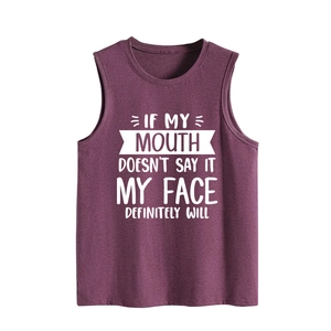 Close-up of purple oversized tank top with IF MY MOUTH DOESN'T SAY IT white slogan
