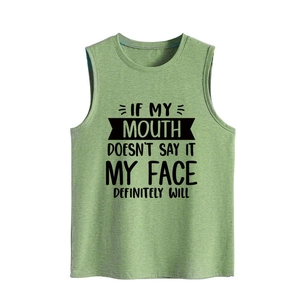 Close-up of heathered green tank top featuring the humorous black slogan typography