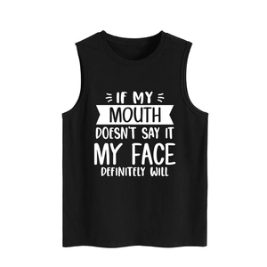 Detail of black cotton tank top featuring IF MY MOUTH DOESN'T SAY IT printed text slogan