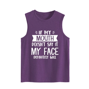 Macro detail of purple sleeveless tank top with white slogan print on soft cotton fabric