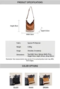 Detailed size specifications and material chart for contrast plush bucket shoulder bag