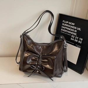 Sac cabas vintage en similicuir marron foncé avec grand nœud et bandoulière