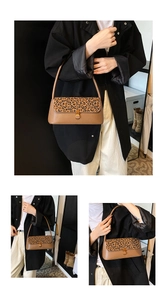 Détails du rabat léopard et boucle dorée sur un sac baguette en similicuir marron élégant