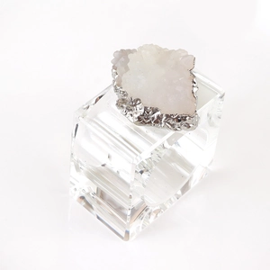 Rond de serviette moderne en cristal druzy blanc avec bord argent et base acrylique