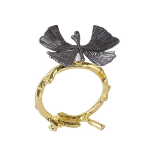 Golden branch napkin ring with dark grey ginkgo leaf for wedding table decor