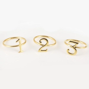 Close-up of gold-plated metal napkin rings featuring numbers 1, 2, and 3 on white background