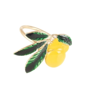 Golden lemon napkin ring featuring realistic yellow and green enamel fruit design