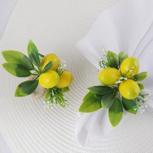 Summer Lemon Napkin Rings Artificial Fruit Green Leaves Woven Rope Napkin Buckle For Dining Table Decor Wedding Party
