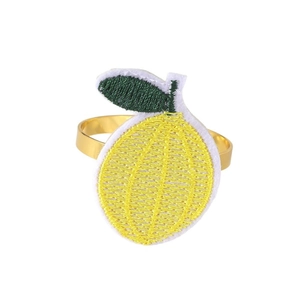 Handcrafted lemon embroidery napkin ring with polished gold metal circle for table decor