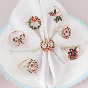 Christmas Napkin Rings Gold Alloy Rhinestone Enamel Reindeer Wreath Bell Set For Festive Holiday Dinner Table Decoration