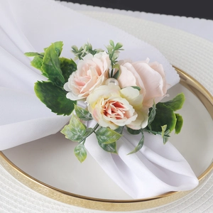Elegant rose napkin rings with pink flowers and pearls for wedding table decor