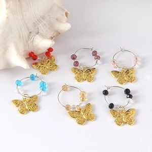 Set of 6 colorful butterfly wine glass charms with beads for party drink identification