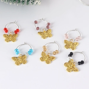 Set of 6 butterfly wine glass charms with colorful crystal beads and gold butterfly pendants